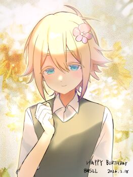  1boy 2026 absurdres antenna_hair arm_at_side backlighting bare_arms basil_(faraway)_(omori) basil_(omori) blue_eyes character_name chinese_commentary clenched_hand closed_mouth collared_shirt colored_eyelashes commentary commentary_request dated day double-parted_bangs english_commentary english_text flipped_hair floral_background flower green_sweater_vest grey_sky hair_between_eyes hair_flower hair_ornament hand_up happy_birthday highres male_focus mixed-language_commentary omori outdoors outline pink_flower qj717 raised_eyebrows shirt short_hair short_sleeves sidelocks simple_background sky smile solo straight-on sunflower sunlight sweater_vest tareme upper_body white_shirt yellow_outline 