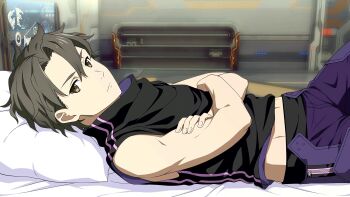  1boy artist_request bedroom black_shirt blurry blurry_background brown_eyes brown_hair crossed_arms eiji_(sao) game_cg head_on_pillow highres hip_bones indoors looking_at_viewer lying male_focus midriff_peek official_alternate_costume official_art on_back on_bed pants pillow purple_pants shelf shirt short_hair sleeveless sleeveless_shirt solo sword_art_online sword_art_online:_fatal_bullet sword_art_online_the_movie:_ordinal_scale third-party_source 