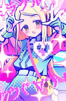  1girl animal_ear_headphones animal_ears arms_up bag belt blonde_hair blue_jacket blush cat_ear_headphones cat_ears commentary_request emoticon fake_animal_ears gakuen_idolmaster gloves headphones heart highres idolmaster jacket kaomoji long_hair mitorizu_02 orange_eyes parted_lips pink_sleeves pixel_art shinosawa_hiro shoulder_bag simple_background solo sparkle white_gloves 