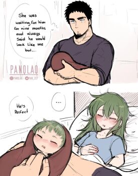  1girl 2boys 2koma after_birth and_he_looks_like_his_stupid_dad_(meme) baby bed black_hair blush carrying_baby carrying_person comic facial_hair father_and_son green_hair hetero hospital_bed if_they_mated igarashi_futaba intravenous_drip meme mother_and_son multiple_boys panqlao senpai_ga_uzai_kouhai_no_hanashi sleeping stubble takeda_harumi  rating:General score:70 user:Anti_Gendou