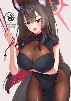  1girl absurdres alternate_costume animal_ear_fluff animal_ears arm_under_breasts black_dress black_pantyhose blue_archive breasts byte-artist china_dress chinese_clothes cleavage colored_inner_hair dress eyeshadow folding_fan fox_ears fox_girl fox_tail halo hand_fan highres holding holding_fan long_hair makeup multicolored_hair open_mouth pantyhose red_eyeshadow red_halo solo tail wakamo_(blue_archive) yellow_eyes 