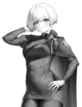  1girl absurdres aiguillette blush breasts buttons cape chest_strap closed_mouth commentary cowboy_shot double-breasted dress earrings english_commentary gloves goddess_of_victory:_nikke greyscale hand_in_own_hair hand_on_own_hip highres hundred0327 jewelry liliweiss_(nikke) looking_at_viewer medium_breasts military_dress_uniform military_uniform monochrome pantyhose pencil_dress short_hair simple_background smile solo standing star-shaped_pupils star_(symbol) symbol-shaped_pupils taut_clothes taut_dress white_background 