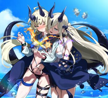 2girls absurdres arknights bikini black_bikini blue_sky blush breasts commentary_request dragon_horns dragon_tail green_eyes highres horns incest infection_monitor_(arknights) jewelry large_breasts long_hair medium_breasts multiple_girls necrass_(arknights) necrass_(summer_flowers)_(arknights) ocean open_mouth reed_(arknights) reed_the_flame_shadow_(arknights) reed_the_flame_shadow_(summer_flower)_(arknights) ring shirt siblings sisters sky stomach suppa_(hagakuresuppa) swimsuit swimsuit_cover-up tail thigh_strap thighs very_long_hair white_bikini white_hair white_shirt yuri 