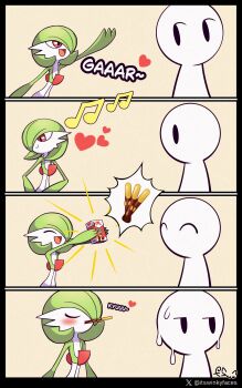  absurdres artist_name blush bob_cut closed_eyes colored_skin food food_in_mouth gardevoir gen_3_pokemon green_hair green_skin heart highres multicolored_skin musical_note nintendo pocky pocky_in_mouth pocky_kiss pokemon pokemon_(creature) red_eyes shared_food simple_background smile sweat two-tone_skin valentine white_skin winkyfaces 