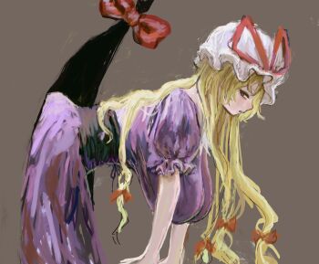  1girl absurdres all_fours blonde_hair blush breasts brown_background commentary corset dress from_side gap_(touhou) hair_ribbon hat highres large_breasts long_hair looking_at_viewer looking_to_the_side mob_cap omaega_chan parted_lips purple_dress purple_eyes ribbon short_sleeves solo touhou yakumo_yukari 