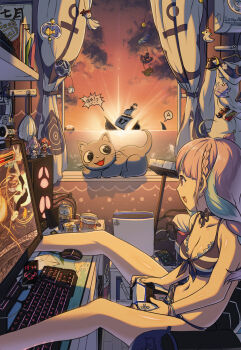 1girl a_(phrase) absurdly_detailed_composition ahoge anchor_print anchor_symbol animal_ear_headphones animal_ears bikini blue_bikini blue_hair book braid breasts can cat cellphone chair cleavage cloud cloudy_sky commentary commentary_request computer computer_keyboard computer_mouse controller curtains desk dongle_e dualsense english_commentary fake_animal_ears french_braid front-tie_bikini_top front-tie_top game_console game_controller gaming_chair grey_cat halterneck headphones headset highres hololive hololive_english houshou_marine idol_showdown indoors instant_cup_noodles instant_noodles large_breasts legs_on_table loaded_interior long_hair minato_aqua minato_aqua_(hololive_summer_2019) mixed-language_commentary monitor mousepad_(object) multicolored_hair neko_(minato_aqua) official_alternate_costume on_chair orange_sky phone pink_hair playing_games playing_video_games playstation_5 playstation_controller purple_eyes shark_fin shelf ship sitting sky smartphone solo speech_bubble streaked_hair striped_bikini striped_clothes sunrise swimsuit swivel_chair takodachi_(ninomae_ina'nis) teruterubouzu twin_braids twintails two-tone_hair unworn_clothes virtual_youtuber water watercraft webcam window