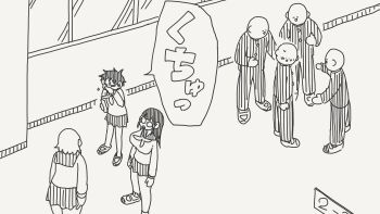  3girls 4boys bait_and_switch bald black_hair blush breasts commentary covering_own_mouth greyscale highres horideiyasumi huge_breasts long_hair mob_face monochrome multiple_boys multiple_girls original school school_uniform short_hair sneezing translated wide-eyed 