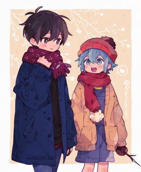  2boys alternate_costume antenna_hair basil_(headspace)_(omori) basil_(omori) black_eyes black_hair blue_coat blue_overalls blue_pants blush bright_pupils closed_mouth coat commentary_request denim double-parted_bangs green_eyes green_hair hair_between_eyes heart highres holding holding_stick jeans long_sleeves looking_at_another male_focus mittens multiple_boys omori open_clothes open_coat open_mouth overall_shorts overalls pants red_mittens red_scarf rioririoriori scarf sidelocks smile speech_bubble spoken_heart stick sunny_(omori) teeth upper_teeth_only white_pupils 