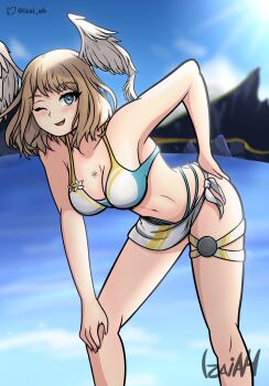  1girl absurdres beach bikini blue_eyes blush breast_tattoo breasts brown_hair cleavage eunie_(xenoblade) hand_on_ass hand_on_knee head_wings highres izaiah leaning_forward looking_at_viewer medium_breasts medium_hair navel one_eye_closed open_mouth sarong smile solo standing swimsuit tattoo thigh_strap wings wink xenoblade_chronicles_(series) xenoblade_chronicles_3 