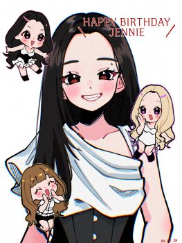  4girls ^_^ artist_name_(singer) black_hair black_shorts blackpink blonde_hair blunt_bangs blush brown_hair chibi closed_eyes dated dress happy_birthday highres jennie_(blackpink) jisoo_(blackpink) lisa_(blackpink) long_hair looking_at_viewer mole multiple_girls purple_eyes rose_(blackpink) samarundao shorts simple_background smile white_background white_dress 