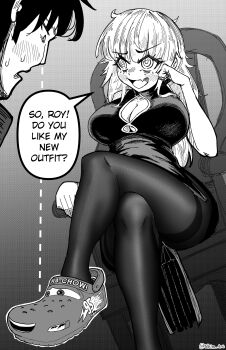  1boy 1girl artist_name black_hair blush breasts cars_(movie) chair cleavage_cutout clothing_cutout collarbone commentary dress english_commentary english_text fang greyscale head_rest hetero highres large_breasts lightning_mcqueen long_hair mimi_(nhim) monochrome nhim on_chair open_mouth original ringed_eyes roy_(nhim) short_hair sitting skin_fang speech_bubble sweat twitter_username  rating:Sensitive score:16 user:danbooru
