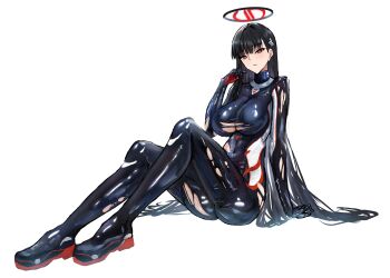  1girl absurdres asao_(asaomm12345) black_hair blue_archive bodysuit breasts commentary_request hair_ornament hairclip highres impossible_bodysuit impossible_clothes impossible_leotard large_breasts latex latex_bodysuit leotard long_hair military_fatigues military_uniform millennium_cheerleader_outfit_(blue_archive) millennium_science_school_logo red_eyes rio_(blue_archive) simple_background sitting skin_tight very_long_hair white_background 