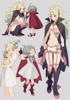  2girls aged_down aged_up ahoge alternate_hairstyle armor baby baby_carry belt bikini_armor black_boots black_cape black_gloves boots bow braid breasts brooch cape carrying carrying_baby carrying_person child circlet closed_eyes crop_top dress eva_smith fire_emblem fire_emblem_awakening full_body garter_straps gloves green_hair hand_on_own_chin hand_up head_rest heart heart_brooch height_difference highres hug index_finger_raised jewelry knee_boots long_hair long_pointy_ears long_sleeves low_twin_braids mother_and_child mother_and_daughter multiple_girls multiple_views nah_(fire_emblem) navel nightgown nintendo nowi_(fire_emblem) pink_bow pink_shorts pink_thighhighs pointy_ears ponytail purple_eyes red_boots red_cape red_gloves short_shorts shorts small_breasts smile squatting stomach thighhighs thighs twin_braids v-shaped_eyebrows walking white_belt white_dress white_nightgown wide_sleeves 