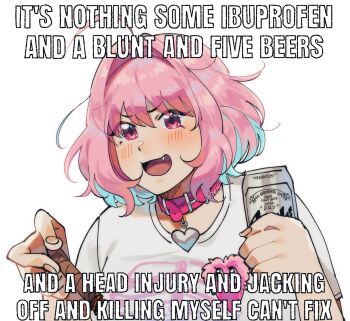  1girl ahoge alcohol asahi_breweries beer blue_hair blush can collar commentary english_commentary english_text eyes_visible_through_hair fang hair_between_eyes hair_intakes hair_over_eyes highres holding holding_can idolmaster image_macro_(meme) impact_(font) johan_(deathamaranth) medium_hair meme multicolored_hair open_mouth pink_collar pink_eyes pink_hair shirt short_sleeves simple_background solo two-tone_hair upper_body white_background white_shirt yumemi_riamu 