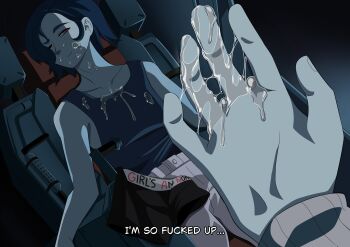  1boy 1girl absurdres after_masturbation amate_yuzuriha blue_hair boxer_briefs caught close-up cockpit commission commissioner_upload company_connection creator_connection english_text feigning_sleep female_masturbation gundam gundam_gquuuuuux half-closed_eyes hand_focus highres implied_after_masturbation implied_fingering implied_masturbation light_smile lying male_underwear masturbation meme mobile_suit neon_genesis_evangelion one_eye_closed pants peeking pov pussy_juice pussy_juice_on_fingers pussy_juice_puddle pussy_juice_stain red_eyes rs40uchiha shinji's_fapping_hand_(meme) shuji_ito sleeveless smirk stealth_masturbation studio_khara tank_top the_end_of_evangelion underwear unworn_clothes  rating:Explicit score:38 user:danbooru