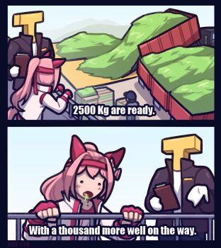  1girl 2boys against_railing animal_ears black_jacket blue_pants blush_stickers box bunbbun buruma cardboard_box clipboard commentary double-parted_bangs dump_truck english_commentary english_text fingerless_gloves gloves grass hair_intakes hair_ornament hairband haru_urara_(bestest_prize)_(umamusume) haru_urara_(umamusume) haul_truck highres holding holding_clipboard horse_ears horse_girl horse_tail jacket motor_vehicle multicolored_jacket multiple_boys open_clothes open_jacket open_mouth pants pink_hair ponytail railing red_buruma red_eyes red_hairband red_jacket red_shirt ryegrass_for_haru_urara shirt simple_background subtitled t-head_trainer_(umamusume) tail track_jacket trainer_(umamusume) truck two-tone_jacket two-tone_shirt umamusume white_background white_jacket white_shirt 