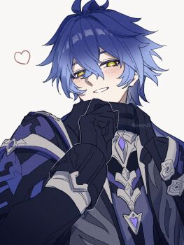  1boy antenna_hair artist_name black_capelet black_coat black_gloves blue_hair blush capelet coat collared_capelet crossed_bangs flins_(genshin_impact) gem genshin_impact gloves gradient_hair grin hair_between_eyes hand_up heart highres long_hair long_sleeves looking_at_viewer male_focus multicolored_hair parted_lips purple_gem purple_shirt shirt simple_background sleeve_cuffs smile solo susukeya twitter_username upper_body white_background yellow_eyes 