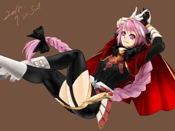  1boy androgynous armor astolfo_(fate) astolfo_(rider)_(fate) astolfo_(third_ascension)_(fate) black_garter_straps blue_eyes boots braid brown_background cape clip_studio_paint_(medium) commentary dated english_commentary fang fate/apocrypha fate/grand_order fate_(series) faulds feet_out_of_frame fur-trimmed_cape fur_trim garter_straps gauntlets gold_trim gorget highres long_braid long_hair male_focus pink_hair purple_eyes red_cape shiki_yazima simple_background single_braid skirt solo very_long_hair white_boots 