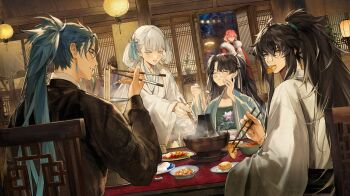  1other 3boys 4girls absurdres architecture black_hair bowl breasts changli_(wuthering_waves) chinese_clothes chopsticks closed_eyes closed_mouth colored_eyelashes commentary east_asian_architecture eating feast glasses green_hair grey_eyes hair_rings high_ponytail highres holding holding_bowl holding_chopsticks holding_with_chopsticks hotpot indoors jinhsi_(wuthering_waves) jiyan_(wuthering_waves) light_blush looking_at_viewer medium_breasts mole mole_on_cheek multiple_boys multiple_girls official_alternate_costume pink_hair ponytail qiuyuan_(wuthering_waves) round_eyewear secretfj520 smile white_eyelashes white_eyes wuthering_waves xiangli_yao_(wuthering_waves) yellow_eyes zhezhi_(wuthering_waves) 