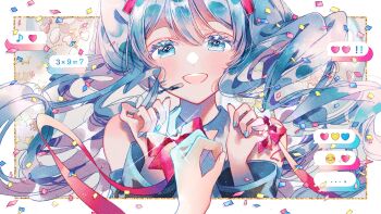  1girl absurdres ai_kotoba_iii_(vocaloid) aqua_eyes aqua_hair aqua_nails aqua_trim arm_tattoo blush collared_shirt commentary_request detached_sleeves fingernails hatsune_miku headphones heart highres long_hair long_sleeves nail_polish number_tattoo open_mouth pov pov_hands sakuraba_suzu shirt smile solo_focus tattoo twintails very_long_hair vocaloid white_shirt wide_sleeves 