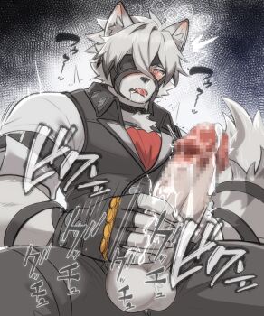  1boy @_@ animal_ear_fluff animal_ears animal_nose bara black_choker black_gloves black_vest blush broad_shoulders censored choker colored_skin commentary_request cum cum_on_body cum_on_penis drooling ejaculation fingerless_gloves from_below furry furry_male gloves highres hypnosis large_penis lovehinba male_focus male_masturbation masturbation mind_control mosaic_censoring motion_lines nose_blush one_eye_covered orgasm penis saliva shirt short_hair short_sleeves sitting solo sound_effects tail testicles tongue torogao twitching very_short_hair vest von_lycaon waistcoat white_hair white_shirt white_skin wolf_boy wolf_ears wolf_tail zenless_zone_zero  rating:Explicit score:16 user:danbooru