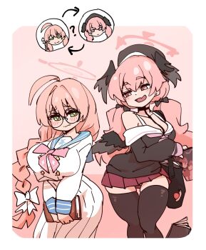  2girls ahoge bag bare_shoulders beret black_wings blue_archive book breasts cleavage commentary earrings english_commentary french_braided_ponytail green_eyes hair_between_eyes halo hanako_(blue_archive) hat head_wings highres holding holding_bag holding_book jewelry koharu_(blue_archive) large_breasts long_hair long_skirt looking_at_another low_twintails mabufuyo multiple_girls neck_ribbon open_mouth personality_switch pink_eyes pink_hair pink_halo pleated_skirt red_skirt ribbon sailor_collar school_uniform skirt smile stud_earrings thighhighs twintails very_long_hair wings 