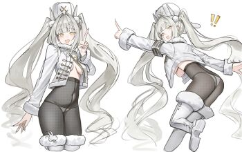  ! !! 1girl :d animal_ears arm_up armband belt black_armband black_pantyhose blanc_(fortune_express)_(nikke) blanc_(nikke) blush boots breasts commentary_request covered_navel cropped_legs crotch_seam fake_animal_ears fang fingernails from_behind fur-trimmed_boots fur-trimmed_jacket fur-trimmed_sleeves fur_trim goddess_of_victory:_nikke grey_hair hair_intakes hair_ornament hat high-waist_pantyhose highres jacket long_fingernails long_hair looking_at_viewer lunifish medium_breasts multiple_views nail_polish no_bra no_pants official_alternate_costume official_alternate_hairstyle open_clothes open_jacket open_mouth panties panties_under_pantyhose pantyhose pointing pom_pom_(clothes) pom_pom_hair_ornament rabbit_ears simple_background skin_fang smile standing thigh_boots twintails underwear v very_long_hair white_background white_belt white_boots white_hat white_jacket white_nails white_panties yellow_eyes 