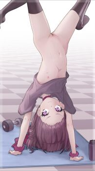 1girl bandaid bandaid_on_pussy black_shirt black_thighhighs bottomless bow choker closed_mouth commentary dumbbell fallenshadow flat_chest gluteal_fold groin handstand highres indie_virtual_youtuber legs_apart loli looking_at_viewer medium_hair navel no_bra no_shoes pettan_(zeez4743) pink_bow pink_choker pink_eyes pink_scrunchie purple_hair purple_shirt scrunchie shirt short_sleeves smile solo thighhighs upside-down virtual_youtuber white_thighhighs wrist_scrunchie yoga_mat rating:Questionable score:452 user:danbooru