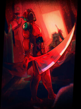  2others absurdres arm_blade colored_skin commentary_request e.g.o_(project_moon) employee_(project_moon) extra_eyes highres horror_(theme) intestines inumata0823 lobotomy_corporation looking_at_viewer mimicry_(e.g.o) multiple_others nothing_there nugget_(project_moon) open_mouth project_moon red_skin standing teeth weapon 