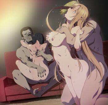  2boys 2girls ass asuna_(sao) backboob black_hair braid breasts brown_eyes brown_hair commentary_request completely_nude grabbing_another's_breast grabbing_from_behind groping group_sex half_up_half_down_braid hetero indoors kirigaya_suguha kneeling long_hair medium_breasts multiple_boys multiple_girls nipples nude puge rape sex sex_from_behind short_hair straddling sword_art_online upright_straddle 