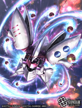  battle beam_cannon cable card_(medium) commentary_request copyright_logo copyright_name copyright_notice energy funnels_(gundam) glowing glowing_eye gundam gundam_card_game lens_flare logo machinery mecha mecha_focus mobile_suit neo_zeon no_humans official_art qubeley realistic robot science_fiction soezy space sunrise_(company) thrusters weapon zero_gravity zeta_gundam 