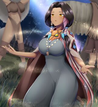  3girls :o alternate_costume bead_necklace beads black_dress blush boots breasts brown_boots brown_eyes cape commentary_request dark-skinned_female dark_skin dress feather_hair_ornament feathers fringe_trim grass hair_ornament highres jewelry kneeling large_breasts loincloth long_dress long_hair low-tied_long_hair low_twintails matsuri_(senran_kagura) multiple_girls namanama12ruiji native_american native_american_clothes necklace night parted_lips pendant senran_kagura senran_kagura_new_wave shooting_star sky star_(sky) star_trail starry_sky tiger_mask_(object) tree twintails 