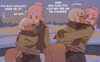  2girls ass asymmetrical_hair black_scarf blonde_hair blunt_bangs blush brown_gloves closed_eyes commentary dark-skinned_female dark_skin dusk ear_piercing earrings english_text exhibitionism eyeshadow gloves gyaru hair_bun half-closed_eyes hoop_earrings hug jewelry kiss kissing_cheek klimspree makeup multiple_girls naked_sweater one-piece_tan original outdoors piercing pink_eyeshadow pink_hair public_indecency scarf shared_clothes shared_scarf shared_sweater short_hair single_hair_bun snow suika_(klimspree) sweater tan tanline untranslatable_commentary winter yuri yuzu_(klimspree) 