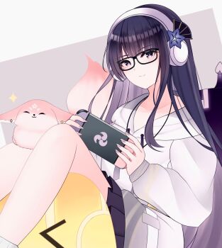  1girl blush closed_mouth commentary electro_slime_(genshin_impact) from_side genshin_impact glasses hair_down head_tilt headphones highres holding hood hoodie hoyofair leaning_back light_smile long_sleeves looking_at_viewer looking_to_the_side marutaro mitsudomoe_(shape) mole mole_under_eye mutant_electro_slime_(genshin_impact) nintendo_switch playing_games purple_eyes purple_hair purple_hoodie raiden_shogun raiden_shogun_(2nd_anniversary) skirt slime_(genshin_impact) solo tomoe_(symbol) yae_miko yae_miko_(fox) 