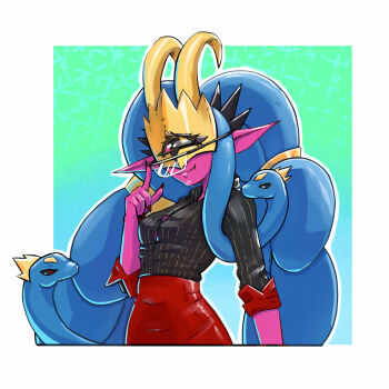  1girl adjusting_eyewear alternate_costume black_sclera black_shirt blue_hair border breasts colored_sclera colored_skin cowboy_shot digimon digimon_(creature) digimon_liberator dress_shirt finger_on_eyewear glasses gradient_background hair_ornament high-waist_skirt highres horns long_hair medusamon monster_girl nail_polish one-eyed outside_border pink_skin pointy_ears preston_alexander red_eyes red_skirt shirt skirt sleeves_rolled_up small_breasts smile snake snake_hair solo very_long_hair white_border 