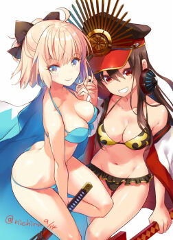  2girls adapted_costume bikini black_bikini black_bow black_hair blonde_hair blue_bikini blue_eyes bow breasts butt_crack fate/grand_order fate_(series) frilled_bikini frills hair_bow hat koha-ace long_hair looking_at_viewer medium_breasts multicolored_bikini multiple_girls nichiru oda_nobunaga_(fate) oda_nobunaga_(koha-ace) oda_nobunaga_(swimsuit_berserker)_(fate) oda_nobunaga_(swimsuit_berserker)_(first_ascension)_(fate) oda_nobunaga_(swimsuit_berserker)_(second_ascension)_(fate) okita_souji_(fate) okita_souji_(koha-ace) peaked_cap red_eyes shinsengumi short_hair smile swimsuit sword twitter_username two-tone_bikini weapon  rating:Sensitive score:17 user:danbooru
