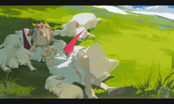  1girl alamp blunt_bangs braid braided_bun closed_eyes closed_mouth cloud day demon_wings double_bun dress floral_print floral_print_dress flower_wreath full_body goat grey_hair hair_bun hand_on_own_cheek hand_on_own_face hand_on_own_stomach head_wreath highres knee_up letterboxed light_smile long_dress long_sleeves lying makaino_ririmu multicolored_hair nijisanji no_socks official_alternate_costume official_alternate_hairstyle on_back on_grass outdoors pink_hair pointy_ears print_dress red_eyes red_wings shade shoes short_hair sidelocks sky sleeping solo streaked_hair very_low_bun virtual_youtuber watermark white_dress white_shoes wide_sleeves wind wings 