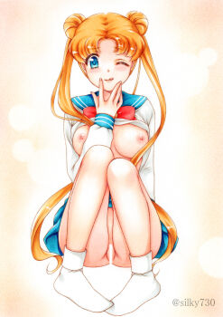  1girl artist_name bar_censor bishoujo_senshi_sailor_moon blonde_hair blue_eyes breasts censored double_bun female_focus hair_bun highres legs lips long_hair looking_at_viewer medium_breasts nipples no_panties one_eye_closed presenting pussy school_uniform serafuku silky730 socks solo tongue tongue_out traditional_media tsukino_usagi twintails very_long_hair wink  rating:Explicit score:24 user:Ecchiawase
