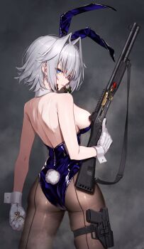  1girl animal_ear_hairband animal_ears ass back braid commentary_request fake_animal_ears fake_tail from_behind gloves greenkohgen grey_hair gun hair_intakes hairband highleg highleg_leotard highres holding holding_gun holding_weapon holster izayoi_sakuya leotard maid pantyhose playboy_bunny pocket_watch rabbit_ear_hairband rabbit_ears rabbit_tail shotgun solo strapless strapless_leotard tail thigh_holster touhou trigger_discipline twin_braids watch weapon white_gloves wrist_cuffs 