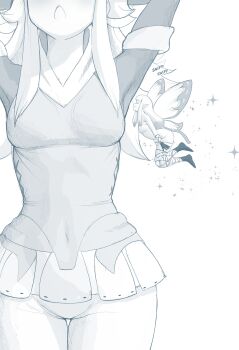  2girls absurdres airy_(bravely_default) arms_up blush bravely_default:_flying_fairy bravely_default_(series) butterfly_wings commentary cross-laced_clothes cross-laced_legwear edea_lee english_commentary fairy fairy_wings floating head_out_of_frame highres insect_wings mini_person minigirl multiple_girls open_mouth sally_(luna-arts) size_difference smelling smelling_armpit sparkle teeth thigh_gap upper_teeth_only wings yuri 