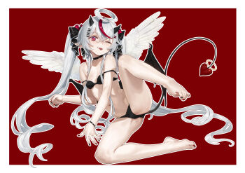  1girl agemmata alternate_costume alternate_hairstyle alternative_version_available black_bow black_bra black_horns black_panties bow bra crossed_bangs demon_tail feathered_wings feet full_body grey_hair hair_between_eyes hair_bow hair_ornament hair_spread_out hairclip highres horns long_sidelocks lying multicolored_hair nail_polish one_eye_closed one_leg_raised panties phase_connect pointy_ears red_background red_bow red_eyes red_hair remilia_nephys sidelocks solo spread_toes streaked_hair tail tail_ornament toe-point toenail_polish toenails toes tongue tongue_out underwear very_long_sidelocks virtual_youtuber white_wings wiggling_toes wings wink  rating:Sensitive score:17 user:Nao