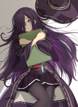  1girl 3: black_hair black_pantyhose black_robe black_skirt blush book closed_mouth colored_inner_hair commentary crossed_arms feet_out_of_frame hair_over_one_eye hair_spread_out hat heaven_burns_red highres holding holding_book long_bangs long_hair long_sleeves lying miniskirt missing_headwear mochimugi_rice multicolored_hair on_back one_eye_covered open_clothes open_robe pantyhose pleated_skirt purple_hair red_eyes ribbon-trimmed_headwear ribbon-trimmed_robe ribbon_trim robe simple_background skirt solo tenne_miko two-tone_hair unworn_hat unworn_headwear very_long_hair white_background wide_sleeves witch_hat yellow_pupils 