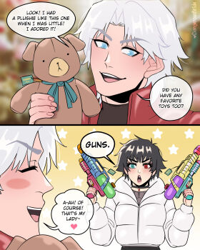  1boy 1girl absurdres artist_name black_choker blue_eyes blush choker dangerousbride dante_(devil_may_cry) devil_may_cry_(netflix) devil_may_cry_(series) green_eyes heterochromia highres holding holding_stuffed_toy jacket lady_(devil_may_cry) open_mouth red_eyes speech_bubble star_(symbol) star_symbol_background stuffed_animal stuffed_toy water_gun white_jacket 