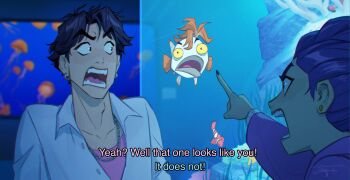  1boy 1girl aquarium black_hair chain clownfish collared_shirt commentary earrings english_commentary english_text fish highres jewelry jinu_(kpop_demon_hunters) kpop_demon_hunters open_mouth pointing purple_hair rumi_(kpop_demon_hunters) shirt short_hair snake_hair tenyais white_shirt 