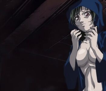 00s 1girl 2002 animated animated_gif basement bible_black bible_black_gaiden bouncing_breasts breasts cloak green_hair large_breasts morita_rie nipples ritual robe short_hair tagme twintails