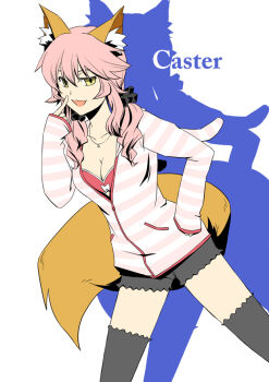 10s 1girl black_shorts black_thighhighs blonde_hair bra breasts cleavage fate/extra fate/extra_ccc fate_(series) female_focus fox_tail hand_on_own_hip long_hair looking_at_viewer official_alternate_costume open_mouth pink_hair posterized red_bra shimaneko shorts solo tail tamamo_no_mae_(fate) tamamo_no_mae_(spring_casual)_(fate) thighhighs underwear