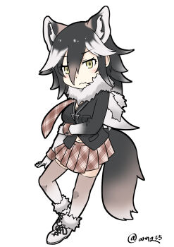  1girl absurdres aliasing animal_ear_fluff animal_ears aranagi_(arng_4401) arm_across_waist artist_name black_hair blush_stickers border breasts brown_hair brown_skirt brown_thighhighs chibi cleavage closed_mouth commentary_request dot_nose extra_ears eyes_visible_through_hair fluffy_collar full_body gradient_thighhighs green_eyes highres jitome kemono_friends large_breasts looking_at_viewer multicolored_ears multicolored_hair multicolored_tail necktie official_style original plaid_clothes plaid_necktie plaid_skirt pleated_skirt shoelaces shoes skirt solo tail thighhighs translation_request wavy_mouth white_background white_border white_hair white_shoes white_thighhighs wolf_ears wolf_girl wolf_tail yellow_eyes yoshizaki_mine_(style) yukon_wolf_(kemono_friends)_(aranagi_(arng_4401)) zettai_ryouiki 