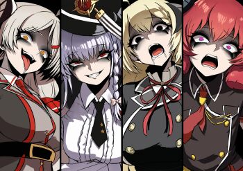  4girls ahoge akari_(blue_archive) blonde_hair blue_archive braid crazy_smile demon_horns disgust ebiblue_(style) evil_grin evil_smile gesugao glaring gourmet_research_society_(blue_archive) grey_hair grin hair_on_horn halo haruna_(blue_archive) hat highres horns izumi_(blue_archive) j.k._(style) junko_(blue_archive) long_hair multiple_girls nagai_negi rape_face red_eyes red_hair shaded_face smile sneer twintails 