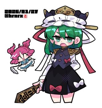  2girls ^_^ asymmetrical_hair black_skirt blush chibi closed_eyes cropped_legs dated earrings epaulettes frilled_hat frills green_eyes green_hair harunori_(hrnrx) hat highres holding jewelry long_sleeves looking_at_viewer medium_hair multiple_girls onozuka_komachi open_mouth red_hair rod_of_remorse shiki_eiki simple_background skirt touhou twitter_username white_background 