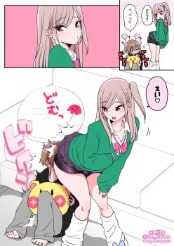  2boys ? @_@ androgynous ass bike_shorts black_skirt brown_eyes brown_hair bulge crossdressing crossdressing_(mtf) earrings gyaruo highres jewelry light_brown_hair long_hair long_sleeves looking_at_another looking_at_viewer loose_socks male_focus multiple_boys nagano_rira original pink_eyes pink_nails pleated_skirt shota shota_with_trap side_ponytail sitting sitting_on_face sitting_on_person skirt socks translation_request trap yaoi  rating:Questionable score:381 user:danbooru